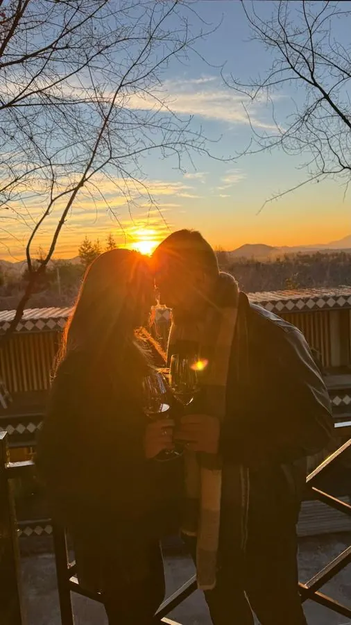 Couple toasting at sunset on a winery terrace
