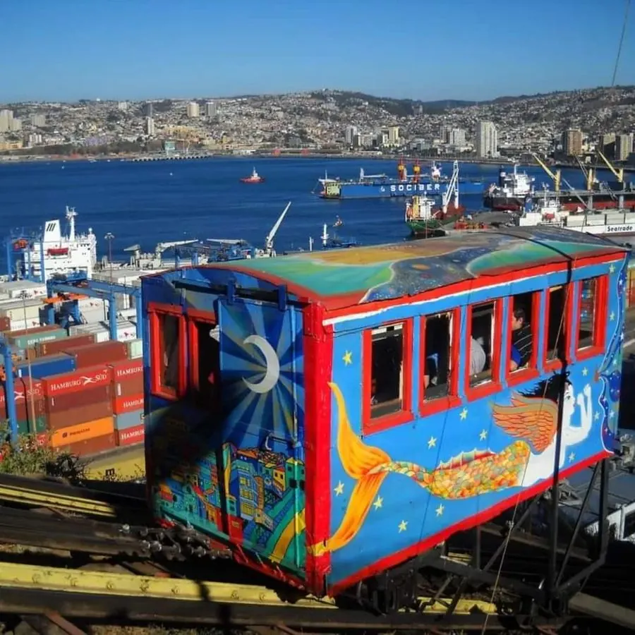 Painted funicular with a mermaid above the port of Valparaíso
