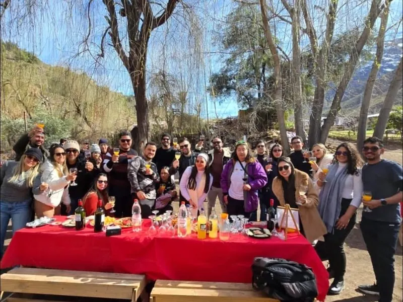 Group toasting at an outdoor lunch next to the Andes, Cajón del Maipo