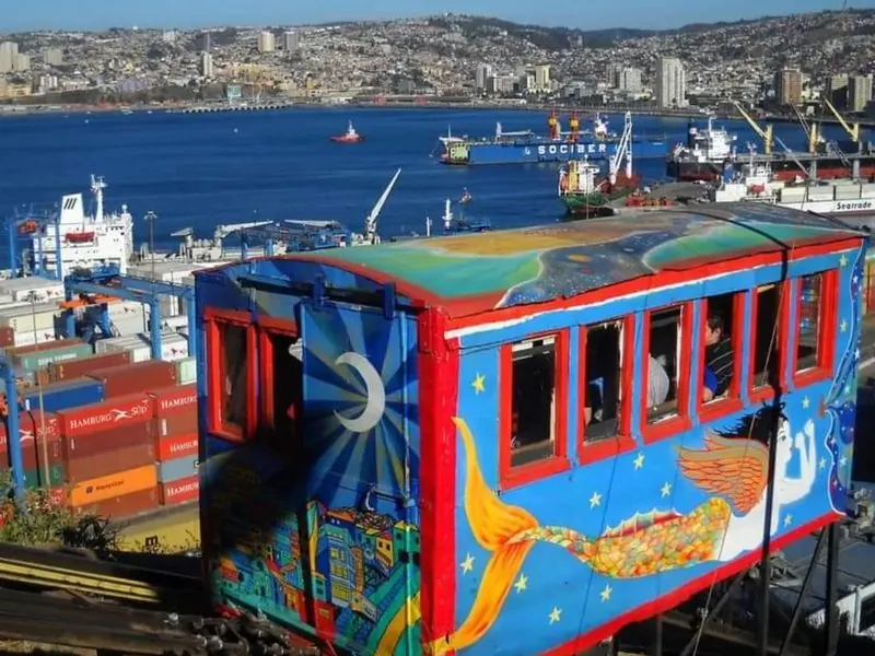 Painted funicular with a mermaid above the port of Valparaíso, Chile